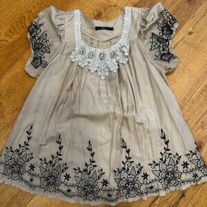 Hazel Silk Puff Sleeve Shirt with Rhinestones and Embroidery - Size Medium